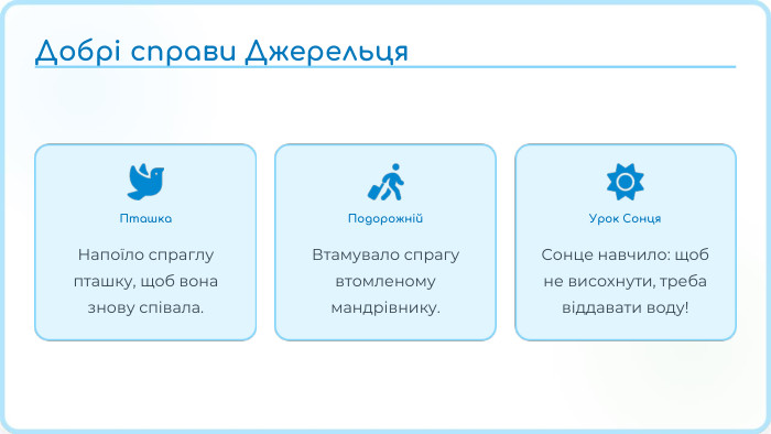 Пташка. Напоїло спраглу пташку, щоб вона знову співала. Подорожній. Втамувало спрагу втомленому мандрівнику. Урок Сонця. Сонце навчило: щоб не висохнути, треба віддавати воду!Добрі справи Джерельця