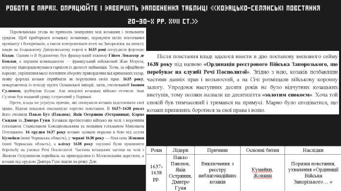 РОБОТА В ПАРАХ. ОПРАЦЮЙТЕ І ЗАВЕРШІТЬ ЗАПОВНЕННЯ ТАБЛИЦІ «КОЗАЦЬКО-СЕЛЯНСЬКІ ПОВСТАННЯ 20-30-Х РР. ХVІІ СТ.»