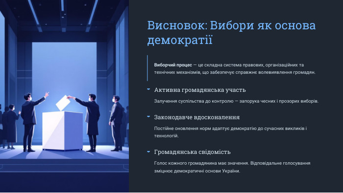  Висновок: Вибори як основа демократіїВиборчий процес — це складна система правових, організаційних та технічних механізмів, що забезпечує справжнє волевиявлення громадян. Активна громадянська участь. Залучення суспільства до контролю — запорука чесних і прозорих виборів. Законодавче вдосконалення. Постійне оновлення норм адаптує демократію до сучасних викликів і технологій. Громадянська свідомість. Голос кожного громадянина має значення. Відповідальне голосування зміцнює демократичні основи України.