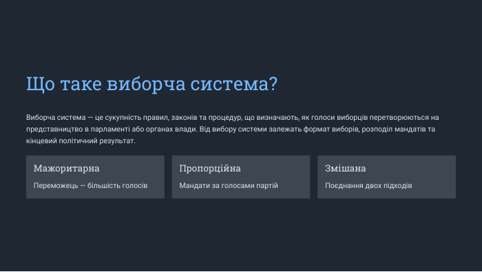  Що таке виборча система?Виборча система — це сукупність правил, законів та процедур, що визначають, як голоси виборців перетворюються на представництво в парламенті або органах влади. Від вибору системи залежать формат виборів, розподіл мандатів та кінцевий політичний результат. Мажоритарна. Переможець — більшість голосів. Пропорційна. Мандати за голосами партій. Змішана. Поєднання двох підходів