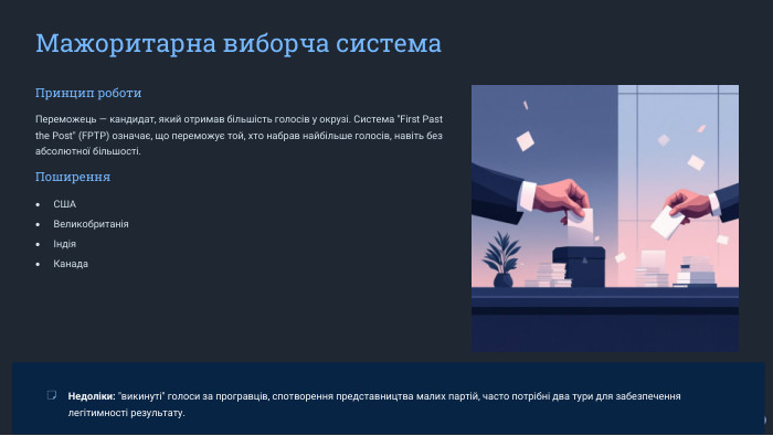  Мажоритарна виборча система. Принцип роботи. Переможець — кандидат, який отримав більшість голосів у окрузі. Система 
