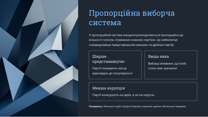  Пропорційна виборча система. У пропорційній системі мандати розподіляються пропорційно до кількості голосів, отриманих кожною партією. Це забезпечує справедливіше представництво меншин та дрібних партій. Ширше представництво. Партії отримують місця відповідно до популярностіВища явка. Виборці впевнені, що їхній голос має значення. Менша корупція. Партії конкурують на ідеях, а не на округах. Поширена у: більшості країн Західної Європи, Індонезії, країнах Латинської Америки