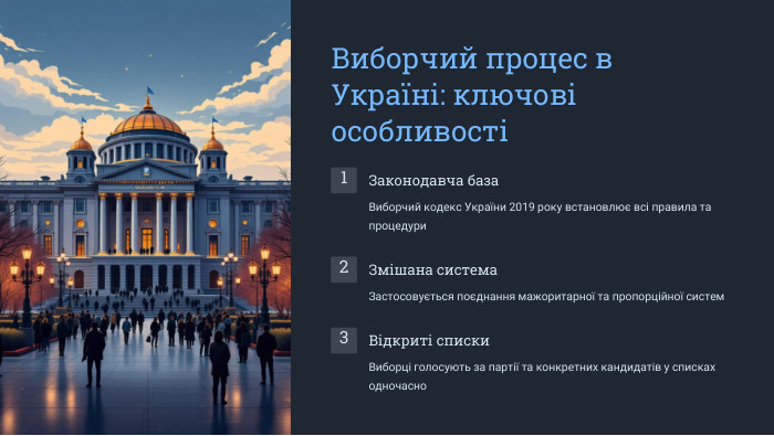  Виборчий процес в Україні: ключові особливості1 Законодавча база. Виборчий кодекс України 2019 року встановлює всі правила та процедури2 Змішана система. Застосовується поєднання мажоритарної та пропорційної систем3 Відкриті списки. Виборці голосують за партії та конкретних кандидатів у списках одночасно