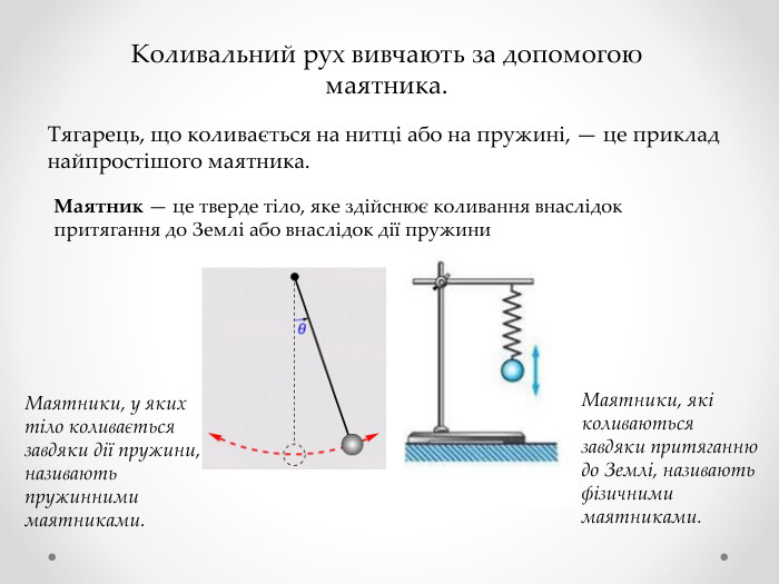 Тягарець, що коливається на нитці або на пружині, — це приклад найпростішого маятника. Коливальний рух вивчають за допомогою маятника. Маятник — це тверде тіло, яке здійснює коливання внаслідок притягання до Землі або внаслідок дії пружини. Маятники, у яких тіло коливається завдяки дії пружини, називають пружинними маятниками. Маятники, які коливаються завдяки притяганню до Землі, називають фізичними маятниками.