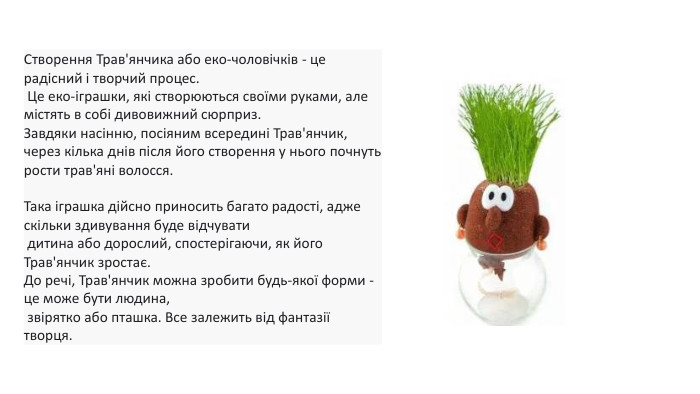 Створення Трав'янчика або еко-чоловічків - це радісний і творчий процес. Це еко-іграшки, які створюються своїми руками, але містять в собі дивовижний сюрприз. Завдяки насінню, посіяним всередині Трав'янчик, через кілька днів після його створення у нього почнуть рости трав'яні волосся. Така іграшка дійсно приносить багато радості, адже скільки здивування буде відчувати дитина або дорослий, спостерігаючи, як його Трав'янчик зростає. До речі, Трав'янчик можна зробити будь-якої форми - це може бути людина, звірятко або пташка. Все залежить від фантазії творця. 