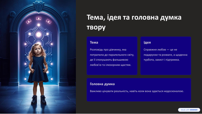  Тема, ідея та головна думка твору. Тема. Розповідь про дівчинку, яка потрапила до паралельного світу, де її спокушають фальшивою любов’ю та ілюзорним щастям.Ідея. Справжня любов — це не подарунки та розваги, а щоденна турбота, захист і підтримка. Головна думка. Важливо цінувати реальність, навіть коли вона здається недосконалою.