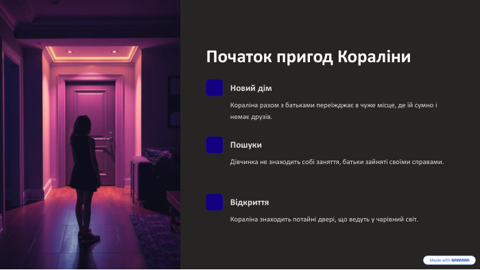  Початок пригод Кораліни. Новий дім. Кораліна разом з батьками переїжджає в чуже місце, де їй сумно і немає друзів. Пошуки. Дівчинка не знаходить собі заняття, батьки зайняті своїми справами. Відкриття. Кораліна знаходить потайні двері, що ведуть у чарівний світ.