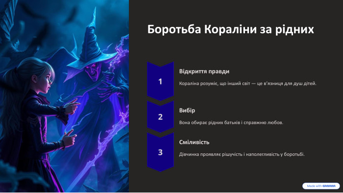  Боротьба Кораліни за рідних Відкриття правди. Кораліна розуміє, що інший світ — це в’язниця для душ дітей. Вибір. Вона обирає рідних батьків і справжню любов. Сміливість. Дівчинка проявляє рішучість і наполегливість у боротьбі.