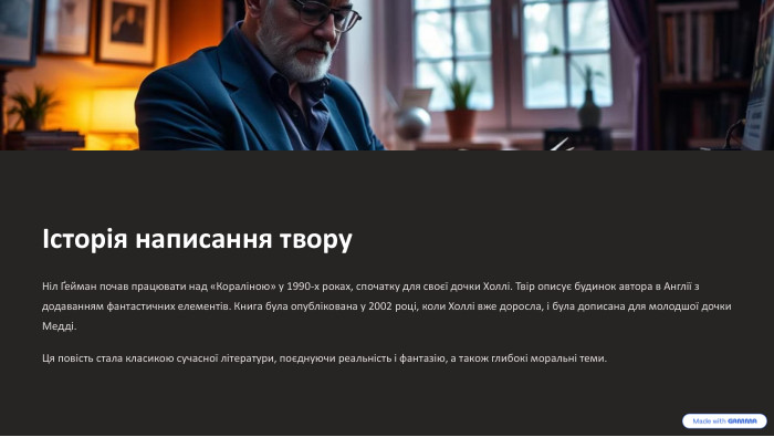  Історія написання твору. Ніл Ґейман почав працювати над «Кораліною» у 1990-х роках, спочатку для своєї дочки Холлі. Твір описує будинок автора в Англії з додаванням фантастичних елементів. Книга була опублікована у 2002 році, коли Холлі вже доросла, і була дописана для молодшої дочки Медді. Ця повість стала класикою сучасної літератури, поєднуючи реальність і фантазію, а також глибокі моральні теми.