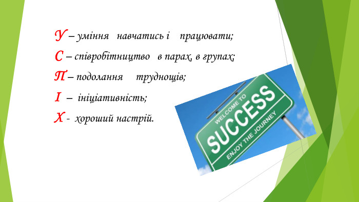 У – уміння навчатись і працювати;С – співробітництво в парах, в групах;П – подолання труднощів;І – ініціативність;Х - хороший настрій.