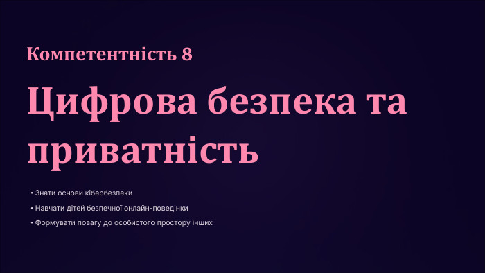 Компетентність 8 Цифрова безпека та приватність. Знати основи кібербезпеки. Навчати дітей безпечної онлайн-поведінки. Формувати повагу до особистого простору інших