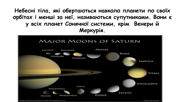 Небесні тіла, які обертаються навколо планети по своїх орбітах і менші за неї, називаються супутниками. Вони є у всіх планет Сонячної системи, крім Венери й Меркурія.