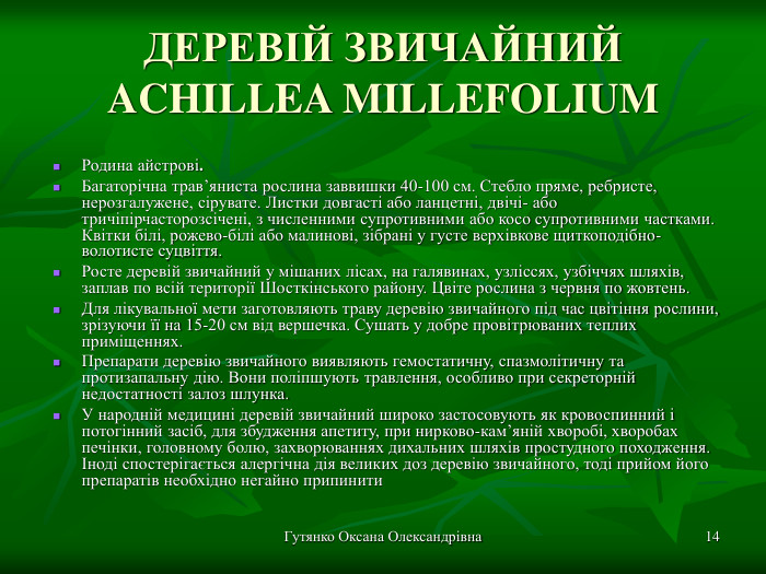 Гутянко Оксана Олександрівна * ДЕРЕВІЙ ЗВИЧАЙНИЙ ACHILLEA MILLEFOLIUM  Родина айстрові.  Багаторічна трав’яниста рослина заввишки 40-100 см. Стебло пряме, ребристе, нерозгалужене, сірувате. Листки довгасті або ланцетні, двічі- або тричіпірчасторозсічені, з численними супротивними або косо супротивними частками. Квітки білі, рожево-білі або малинові, зібрані у густе верхівкове щиткоподібно-волотисте суцвіття. Росте деревій звичайний у мішаних лісах, на галявинах, узліссях, узбіччях шляхів, заплав по всій території Шосткінського району. Цвіте рослина з червня по жовтень.  Для лікувальної мети заготовляють траву деревію звичайного під час цвітіння рослини, зрізуючи її на 15-20 см від вершечка. Сушать у добре провітрюваних теплих приміщеннях. Препарати деревію звичайного виявляють гемостатичну, спазмолітичну та протизапальну дію. Вони поліпшують травлення, особливо при секреторній недостатності залоз шлунка. У народній медицині деревій звичайний широко застосовують як кровоспинний і потогінний засіб, для збудження апетиту, при нирково-кам’яній хворобі, хворобах печінки, головному болю, захворюваннях дихальних шляхів простудного походження. Іноді спостерігається алергічна дія великих доз деревію звичайного, тоді прийом його препаратів необхідно негайно припинити  