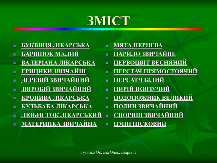 Гутянко Оксана Олександрівна * ЗМІСТ БУКВИЦЯ ЛІКАРСЬКА БАРВІНОК МАЛИЙ ВАЛЕРІАНА ЛІКАРСЬКА ГРИЦИКИ ЗВИЧАЙНІ ДЕРЕВІЙ ЗВИЧАЙНИЙ ЗВІРОБІЙ ЗВИЧАЙНИЙ КРОПИВА ЛІКАРСЬКА КУЛЬБАБА ЛІКАРСЬКА ЛЮБИСТОК ЛІКАРСЬКИЙ МАТЕРИНКА ЗВИЧАЙНА МЯТА ПЕРЦЕВА ПАРИЛО ЗВИЧАЙНЕ  ПЕРВОЦВІТ ВЕСНЯНИЙ ПЕРСТАЧ ПРЯМОСТОЯЧИЙ ПЕРСАТЧ БІЛИЙ ПИРІЙ ПОВЗУЧИЙ ПОДОПОЖНИК ВЕЛИКИЙ ПОЛИН ЗВИЧАЙНИЙ СПОРИШ ЗВИЧАЙНИЙ ЦМІН ПІСКОВИЙ     