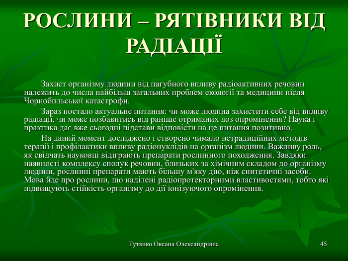 Гутянко Оксана Олександрівна * РОСЛИНИ – РЯТІВНИКИ ВІД РАДІАЦІЇ Захист організму людини від пагубного впливу радіоактивних речовин належить до числа найбільш загальних проблем екології та медицини після Чорнобильської катастрофи. Зараз постало актуальне питання: чи може людина захистити себе від впливу радіації, чи може позбавитись від раніше отриманих доз опромінення? Наука і практика дає вже сьогодні підстави відповісти на це питання позитивно. На даний момент досліджено і створено чимало нетрадиційних методів терапії і профілактики впливу радіонуклідів на організм людини. Важливу роль, як свідчать науковці відіграють препарати рослинного походження. Завдяки наявності комплексу сполук речовин, близьких за хімічним складом до організму людини, рослинні препарати мають більшу м'яку дію, ніж синтетичні засоби. Мова йде про рослини, що наділені радіопротекторними властивостями, тобто які підвищують стійкість організму до дії іонізуючого опромінення.   