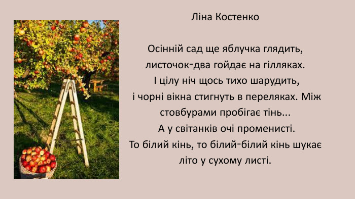 Ліна Костенко. Осінній сад ще яблучка глядить, листочок-два гойдає на гілляках. І цілу ніч щось тихо шарудить, і чорні вікна стигнуть в переляках. Між стовбурами пробігає тінь... А у світанків очі променисті. То білий кінь, то білий-білий кінь шукає літо у сухому листі. 