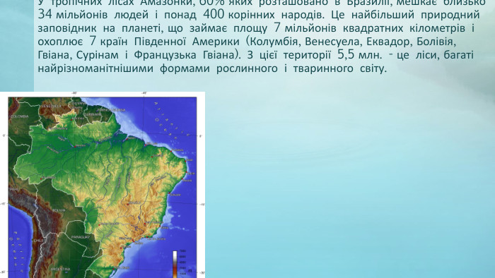 У тропічних лісах Амазонки, 60% яких розташовано в Бразилії, мешкає близько 34 мільйонів людей і понад 400 корінних народів. Це найбільший природний заповідник на планеті, що займає площу 7 мільйонів квадратних кілометрів і охоплює 7 країн Південної Америки (Колумбія, Венесуела, Еквадор, Болівія, Гвіана, Сурінам і Французька Гвіана). З цієї території 5,5 млн. - це ліси, багаті найрізноманітнішими формами рослинного і тваринного світу.