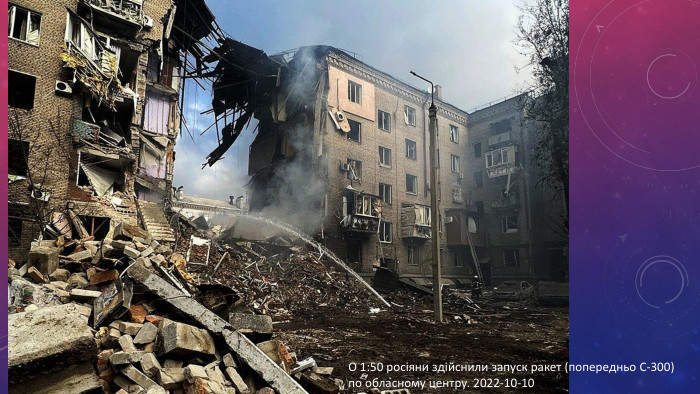 О 1:50 росіяни здійснили запуск ракет (попередньо С-300) по обласному центру. 2022-10-10 