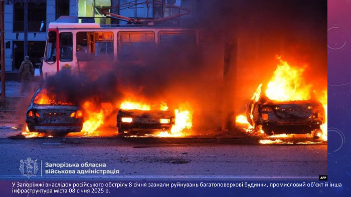 У Запоріжжі внаслідок російського обстрілу 8 січня зазнали руйнувань багатоповерхові будинки, промисловий об’єкт й інша інфраструктура міста 08 січня 2025 р.