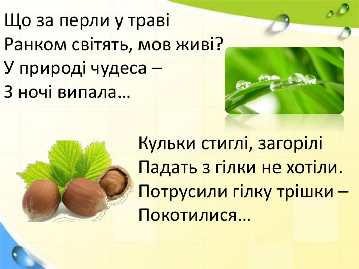 Що за перли у травіРанком світять, мов живі?У природі чудеса – З ночі випала…Кульки стиглі, загоріліПадать з гілки не хотіли. Потрусили гілку трішки – Покотилися…
