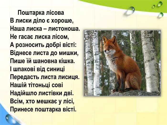  Поштарка лісова. В лиски діло є хороше,Наша лиска – листоноша. Не гасає лиска лісом,А розносить добрі вісті: Віднесе листа до мишки,Пише їй шановна кішка.І шпакові від синиціПередасть листа лисиця. Нашій тітоньці совіНадійшло листівки дві. Всім, хто мешкає у лісі,Принесе поштарка вісті.