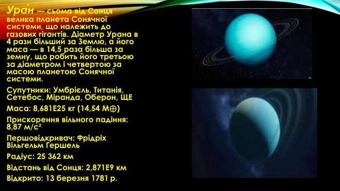 Ура́н — сьома від Сонця велика планета Сонячної системи, що належить до газових гігантів. Діаметр Урана в 4 рази більший за Землю, а його маса — в 14,5 раза більша за земну, що робить його третьою за діаметром і четвертою за масою планетою Сонячної системи. Супутники: Умбрієль, Титанія, Сетебос, Міранда, Оберон, ЩЕМаса: 8,681 Е25 кг (14,54 M⊕)Прискорення вільного падіння: 8,87 м/с²Першовідкривач: Фрідріх Вільгельм Гершель. Радіус: 25 362 км. Відстань від Сонця: 2,871 Е9 км. Відкрито: 13 березня 1781 р.