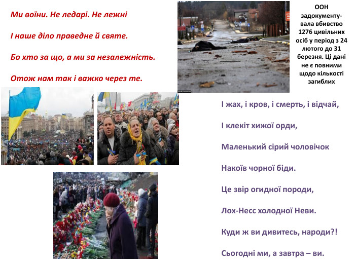 Ми воїни. Не ледарі. Не лежніІ наше діло праведне й святе. Бо хто за що, а ми за незалежність. Отож нам так і важко через те.І жах, і кров, і смерть, і відчай,І клекіт хижої орди,Маленький сірий чоловічок. Накоїв чорної біди. Це звір огидної породи,Лох-Несс холодної Неви. Куди ж ви дивитесь, народи?!Сьогодні ми, а завтра – ви. ООН задокументу- вала вбивство 1276 цивільних осіб у період з 24 лютого до 31 березня. Ці дані не є повними щодо кількості загиблих