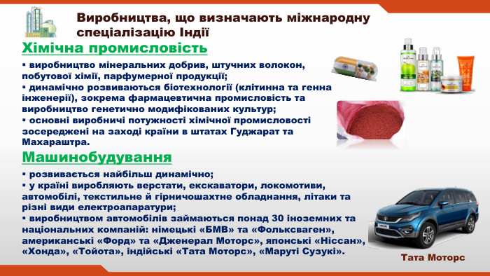 Виробництва, що визначають міжнародну спеціалізацію ІндіїХімічна промисловість виробництво мінеральних добрив, штучних волокон, побутової хімії, парфумерної продукції; динамічно розвиваються біотехнології (клітинна та генна інженерії), зокрема фармацевтична промисловість та виробництво генетично модифікованих культур; основні виробничі потужності хімічної промисловості зосереджені на заході країни в штатах Гуджарат та Махараштра. розвивається найбільш динамічно; у країні виробляють верстати, екскаватори, локомотиви, автомобілі, текстильне й гірничошахтне обладнання, літаки та різні види електроапаратури; виробництвом автомобілів займаються понад 30 іноземних та національних компаній: німецькі «БМВ» та «Фольксваген», американські «Форд» та «Дженерал Моторс», японські «Ніссан», «Хонда», «Тойота», індійські «Тата Моторс», «Маруті Сузукі». Машинобудування. Тата Моторс