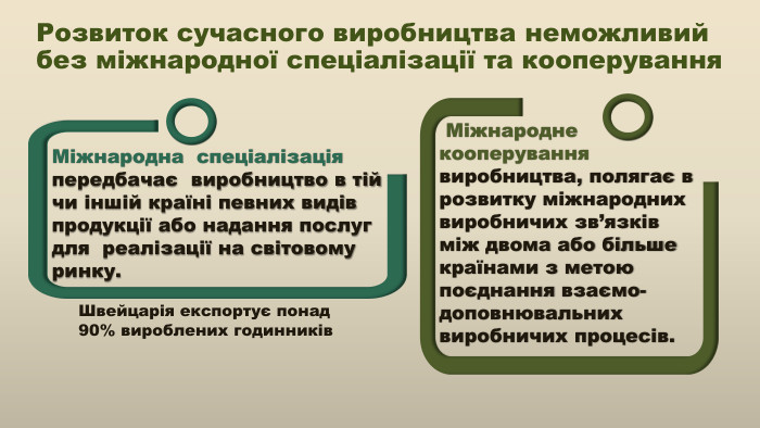 Розвиток сучасного виробництва неможливий без міжнародної спеціалізації та кооперування. Швейцарія експортує понад 90% вироблених годинників. Міжнародна спеціалізація передбачає виробництво в тій чи іншій країні певних видів продукції або надання послуг для реалізації на світовому ринку. Міжнародне кооперування виробництва, полягає в розвитку міжнародних виробничих зв’язків між двома або більше країнами з метою поєднання взаємо-доповнювальних виробничих процесів. 