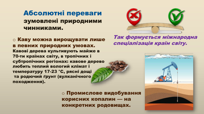 Абсолютні переваги зумовлені природними чинниками. Каву можна вирощувати лише в певних природних умовах. Кавові дерева культивують майже в 70-ти країнах світу, в тропічних і субтропічних регіонах: кавове дерево любить теплий вологий клімат і температуру 17-23 °C, рясні дощі та родючий ґрунт (вулканічного походження). Промислове видобування корисних копалин — наконкретних родовищах. Так формується міжнародна спеціалізація країн світу.