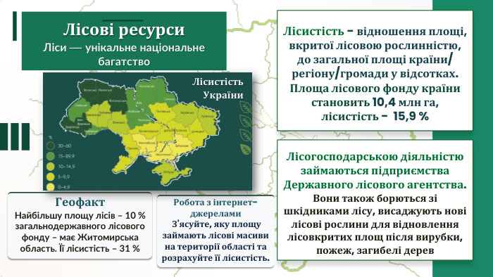 Лісистість - відношення площі, вкритої лісовою рослинністю, до загальної площі країни/ регіону/громади у відсотках. Площа лісового фонду країни становить 10,4 млн га, лісистість - 15,9 %Лісові ресурси. Ліси — унікальне національне багатство. Лісогосподарською діяльністю займаються підприємства Державного лісового агентства. Вони також борються зі шкідниками лісу, висаджують нові лісові рослини для відновлення лісовкритих площ після вирубки, пожеж, загибелі дерев. Геофакт. Найбільшу площу лісів – 10 % загальнодержавного лісового фонду – має Житомирська область. Її лісистість – 31 %Робота з інтернет-джерелами З'ясуйте, яку площу займають лісові масиви на території області та розрахуйте її лісистість. Лісистість України