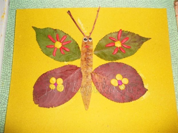 Аплікація з осіннього листя для середньої групи дитячого садка. Метелик