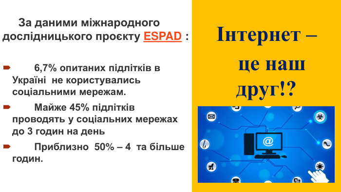  За даними міжнародного дослідницького проєкту ESPAD : 6,7% опитаних підлітків в Україні не користувались соціальними мережам. Майже 45% підлітків проводять у соціальних мережах до 3 годин на день Приблизно  50% – 4 та більше годин. Інтернет – це наш друг!?