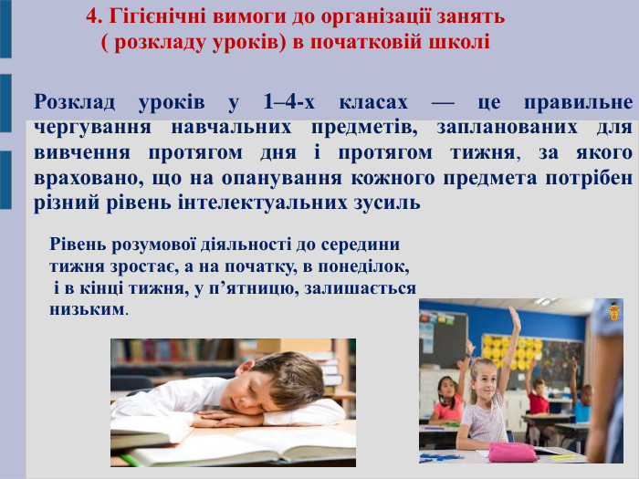 4. Гігієнічні вимоги до організації занять ( розкладу уроків) в початковій школі Розклад уроків у 1–4-х класах — це правильне чергування навчальних предметів, запланованих для вивчення протягом дня і протягом тижня, за якого враховано, що на опанування кожного предмета потрібен різний рівень інтелектуальних зусиль Рівень розумової діяльності до середини тижня зростає, а на початку, в понеділок,  і в кінці тижня, у п’ятницю, залишається низьким.  