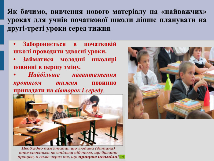 Як бачимо, вивчення нового матеріалу на «найважчих» уроках для учнів початкової школи ліпше планувати на другі-треті уроки серед тижня. • Забороняється в початковій школі проводити здвоєні уроки. • Займатися молодші школярі повинні в першу зміну. • Найбільше навантаження протягом тижня повинно припадати на вівторок і середу.  