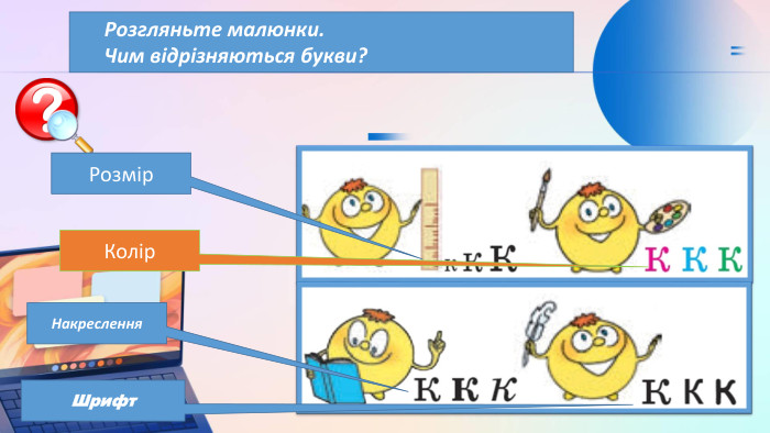 Розгляньте малюнки. Чим відрізняються букви?Розмір. Накреслення. Колір. Шрифт