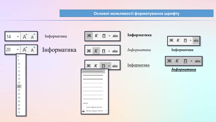 Основні можливості форматування шрифтуІнформатикаІнформатикаІнформатикаІнформатикаІнформатикаІнформатикаІнформатика