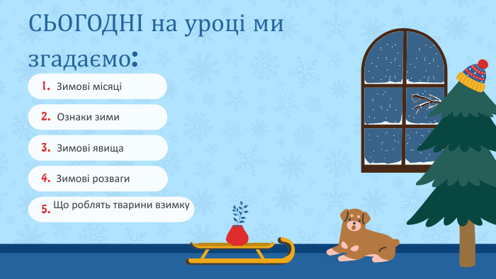 1. Зимові місяціЩо роблять тварини взимку5.4. Зимові розваги3. Зимові явища. СЬОГОДНІ на уроці ми згадаємо:2. Ознаки зими