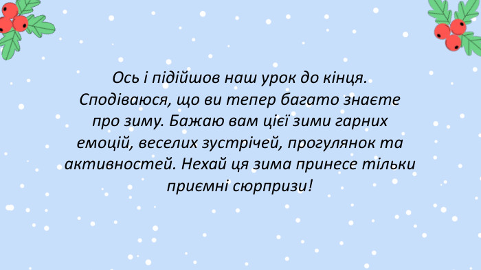 Ось і підійшов наш урок до кінця. Сподіваюся, що ви тепер багато знаєте про зиму. Бажаю вам цієї зими гарних емоцій, веселих зустрічей, прогулянок та активностей. Нехай ця зима принесе тільки приємні сюрпризи!