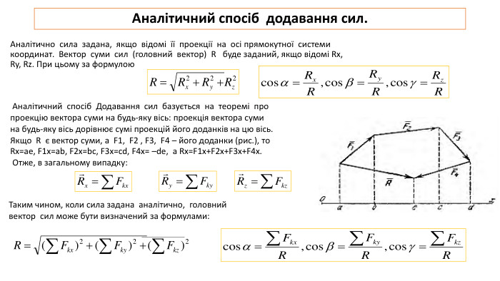 Аналітичний спосіб додавання сил. Аналітично сила задана, якщо відомі її проекції на осі прямокутної системи координат. Вектор суми сил (головний вектор) R буде заданий, якщо відомі Rx, Ry, Rz. При цьому за формулою Аналітичний спосіб Додавання сил базується на теоремі про проекцію вектора суми на будь-яку вісь: проекція вектора суми на будь-яку вісь дорівнює сумі проекцій його доданків на цю вісь. Якщо R є вектор суми, а F1, F2 , F3, F4 – його доданки (рис.), то Rx=ae, F1x=ab, F2x=bc, F3x=cd, F4x= –de, а Rx=F1x+F2x+F3x+F4x. Отже, в загальному випадку: Таким чином, коли сила задана аналітично, головний вектор сил може бути визначений за формулами: