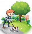 Мальчик идет со своей собакой по улице | Премиум векторы