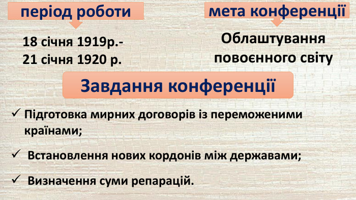 Завдання конференціїмета конференціїОблаштування повоєнного світу. Підготовка мирних договорів із переможеними країнами;Встановлення нових кордонів між державами;Визначення суми репарацій.період роботи18 січня 1919р.- 21 січня 1920 р.
