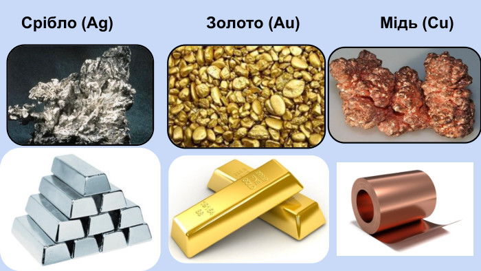 Срібло (Ag) Золото (Au) Мідь (Cu) 