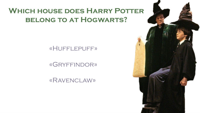 Which house does Harry Potter belong to at Hogwarts?«Hufflepuff»«Gryffindor»«Ravenclaw»