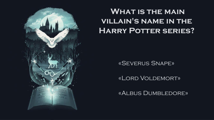  What is the main villain's name in the Harry Potter series?«Severus Snape»«Lord Voldemort»«Albus Dumbledore»