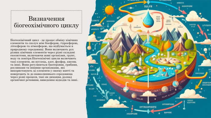 Визначення біогеохімічного циклу. Біогеохімічний цикл - це процес обміну хімічних елементів та сполук між біосферою, гідросферою, літосферою та атмосферою, що відбувається в природному середовищі. Вони включають рух різних хімічних елементів через різні складові екосистеми, включаючи живі організми, грунт, воду та повітря. Біогеохімічні цикли включають такі елементи, як вуглець, азот, фосфор, кисень та інші. Вони регулюються бактеріями, грибами, рослинами та іншими організмами, які використовують ці елементи у своєму житті та повертають їх до навколишнього середовища через різні процеси, такі як дихання, розпад органічної речовини, виведення відходів та інші.