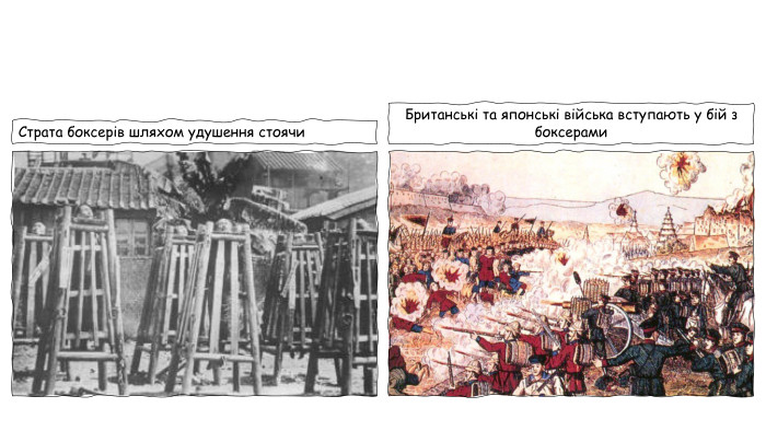 Британські та японські війська вступають у бій з боксерами. Страта боксерів шляхом удушення стоячи