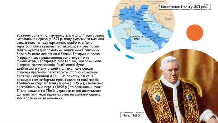 Важливу роль у політичному житті Італії відігравала католицька церква: у 1871 р. папу римського визнано священною та недоторканною особою, а його територія обмежувалася Ватиканом; він мав право підтримувати дипломатичні відносини. Політичну боротьбу вели два основні блоки: Історична права («праві»), що представляла аристократію та фінансистів, і Історична ліва («ліві»), що захищала інтереси промисловців. Розбіжності були здебільшого у внутрішній політиці, але обидві сторони прагнули перетворити Італію на велику державу. Наприкінці XIX — на початку XX ст. з розширенням виборчих прав з’явилися нові партії: Італійська соціалістична партія (1895 р.), Італійська республіканська партія (1895 р.) та радикальні рухи. Після сходження Пія X церква активно долучилася до політики. Нові партії істотно не змінили баланс між «правими» та «лівими». Папа Пій XКоролівство Італія у 1871 році