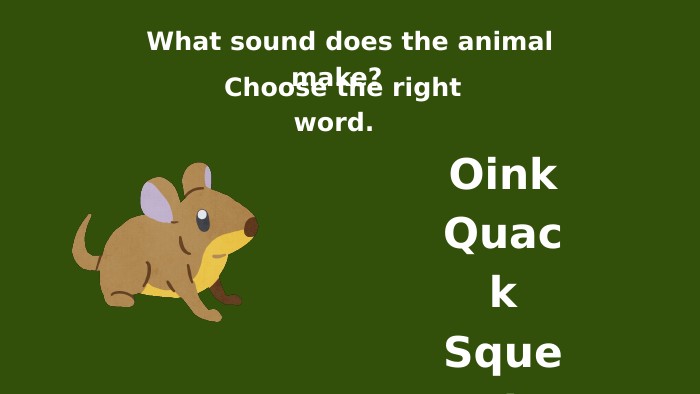 What sound does the animal make? Choose the right word. Oink. Quack. Squeak