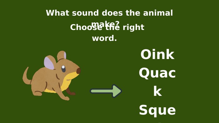 What sound does the animal make? Choose the right word. Oink. Quack. Squeak